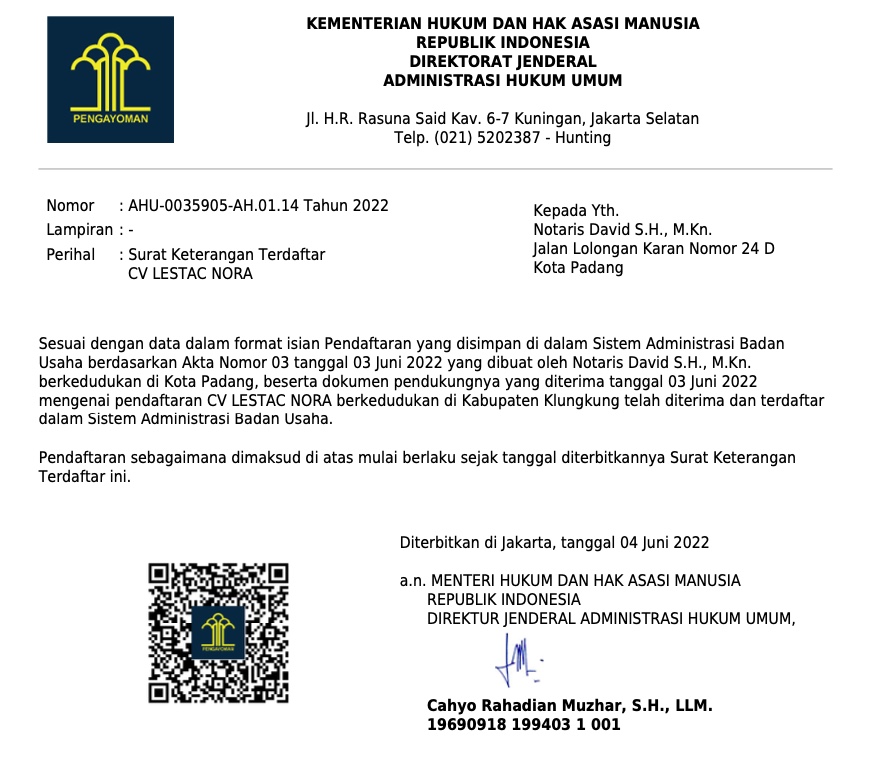Company registration document of Lestacnora Bali